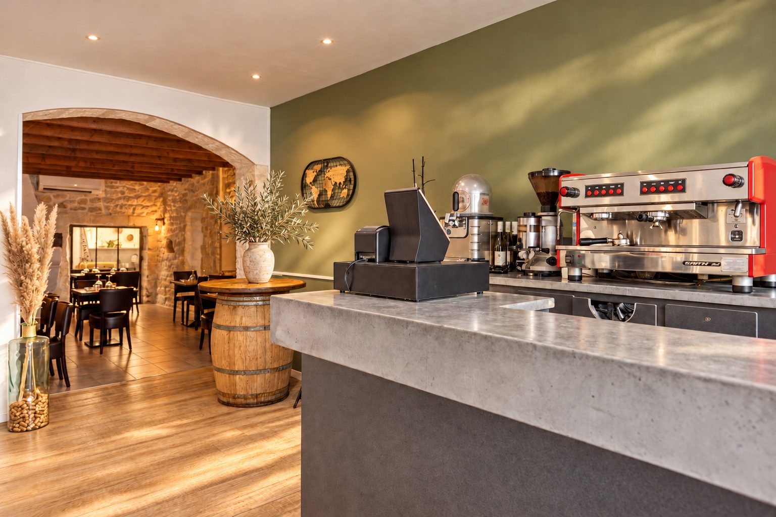 Le bar avec sa machine à espresso professionnelle et le tonneau fleuri