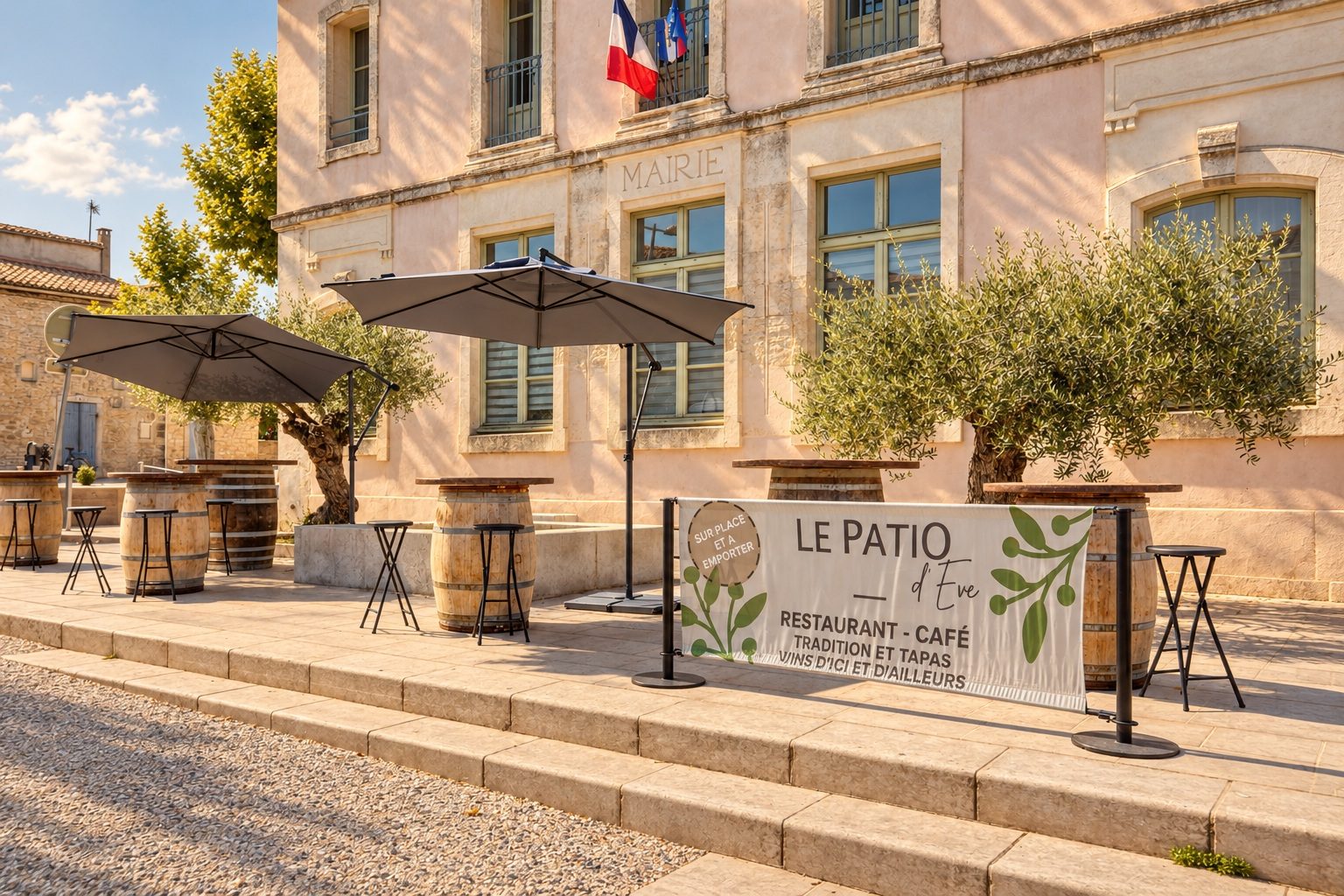 La terrasse avec tables tonneaux et oliviers devant la mairie de Restinclières